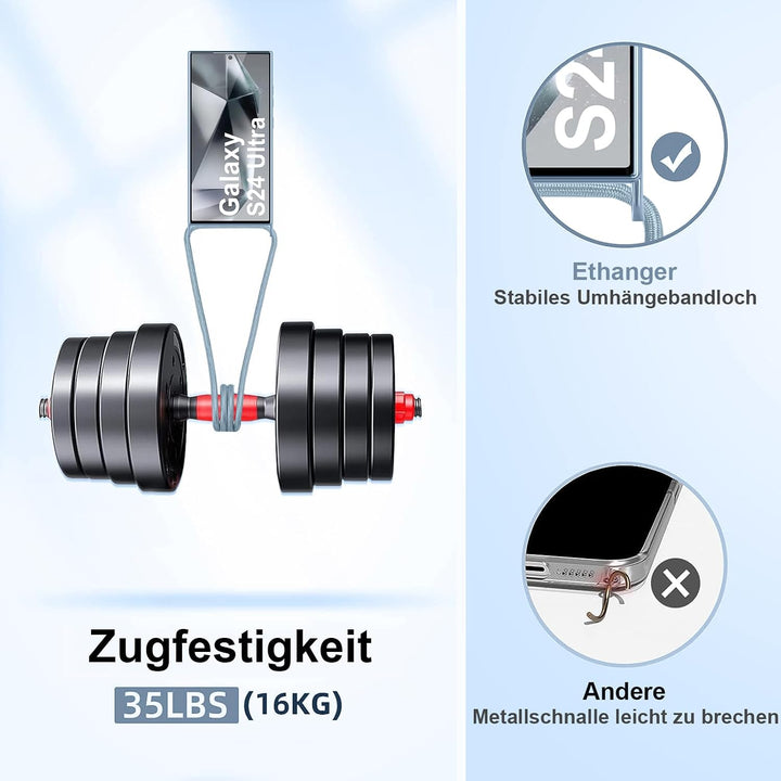 für Samsung Galaxy S24 Ultra Hülle mit Band + 1 Schutzfolie, Blau | Handyband Transparent Silikon Ha