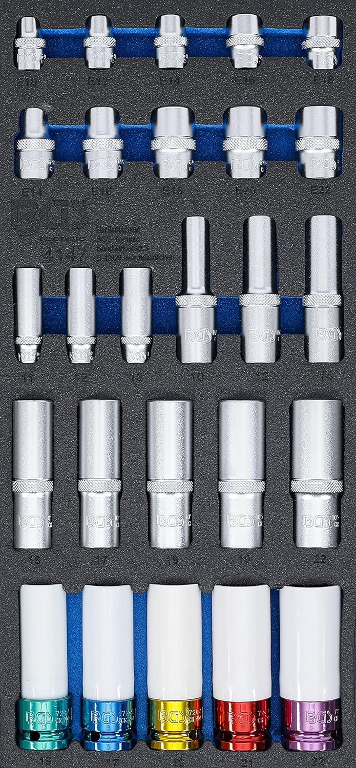 BGS 4147 | Werkstattwageneinlage 1/3: Steckschlüssel-Einsätze | Sechskant, tief 11 - 22 mm | E-Profi