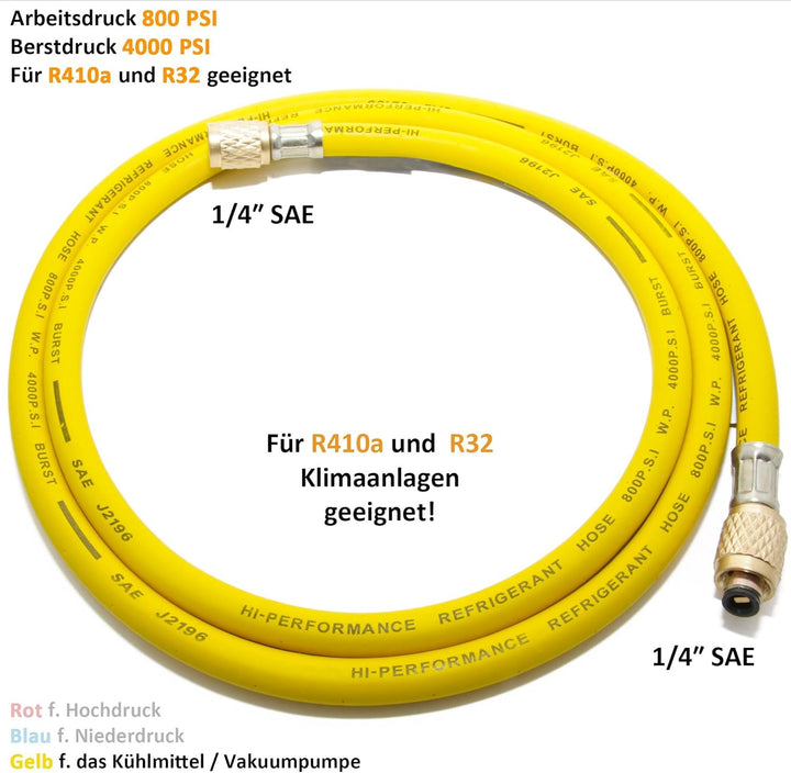 Füllschlauch für R32 / R410a Kältemittel, gelb, 1,5m, 1/4" SAE W - 1/4" SAE W Füllschlauch R32 R410a
