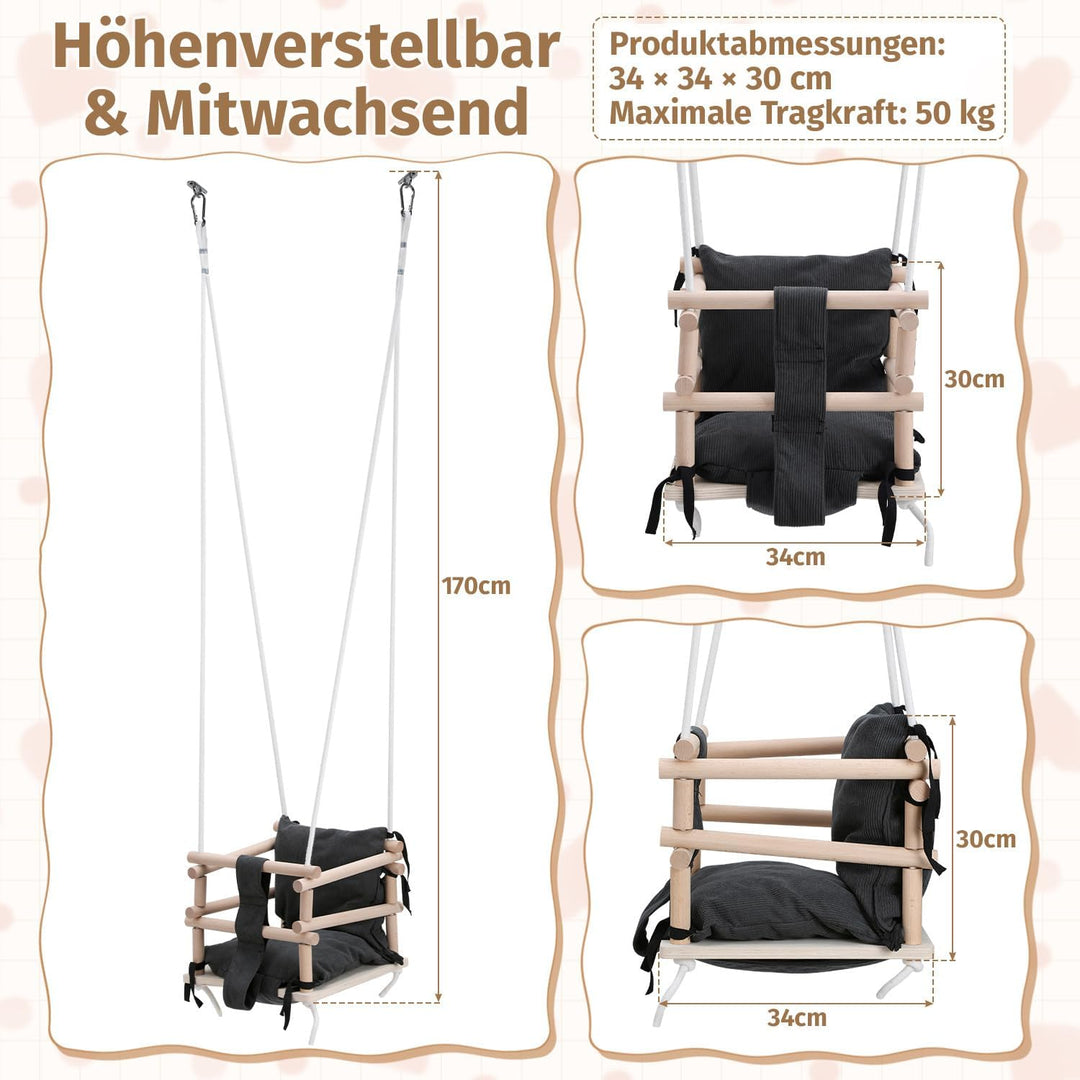 Babyschaukel Indoor &amp; Kinderschaukel Outdoor 3-in-1 aus Holz, Höhenverstellbar (160-260cm) mit Abneh