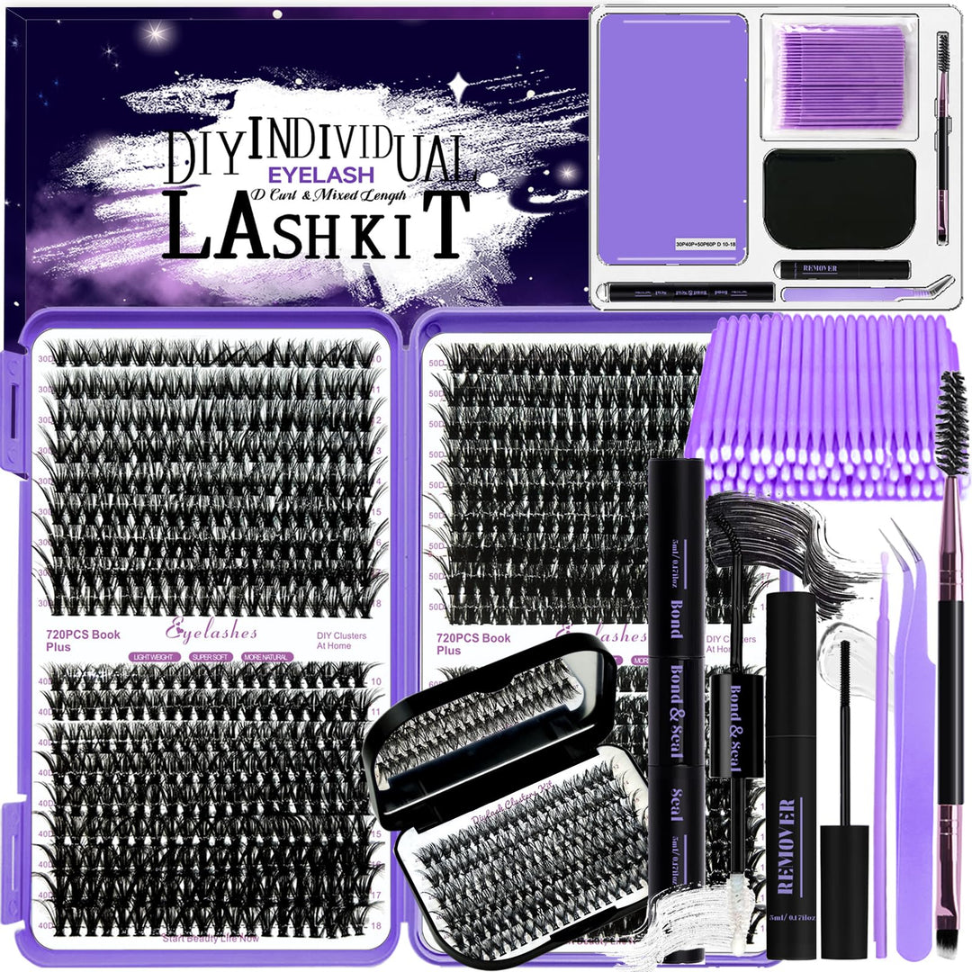 DNSGOOR DIY Wimpern Extensions Kit 840Pcs D Curl Wimpern Cluster Erweiterung Set mit Lash Spiegel Bo