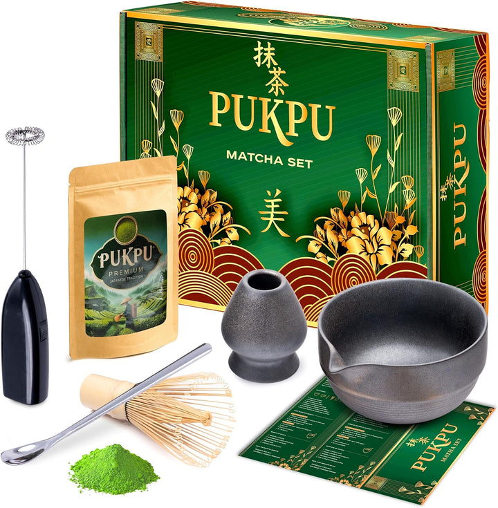 Matcha Tee Set – Japanisches Ceremonial Set mit Matcha Pulver, Elektrischer Matcha Besen, Bambus Cha