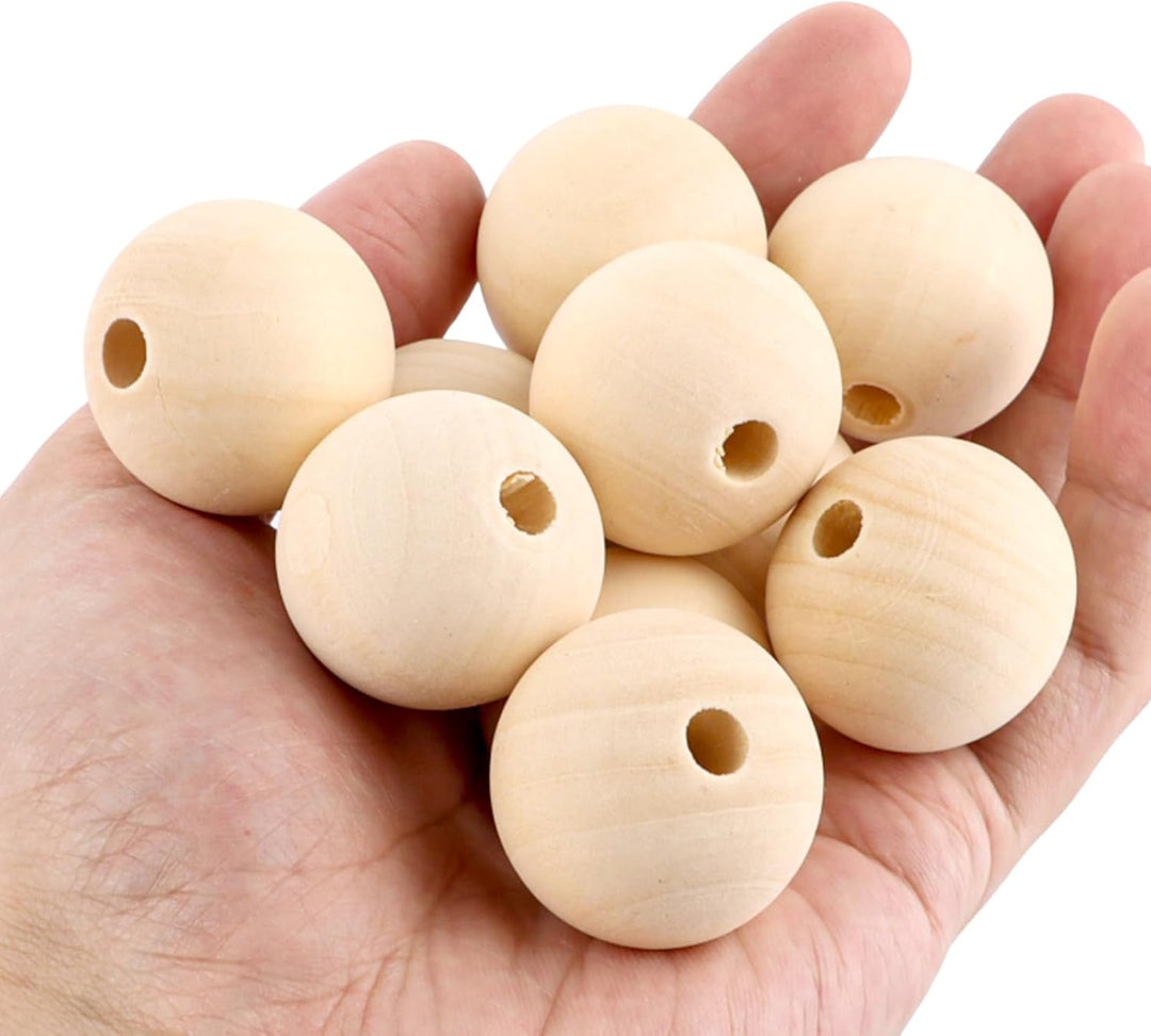 100 Stück 30mm Holzperlen zum Auffädeln mit Bastelseilen, Runde Holzkugeln mit Loch, Unbehandelte Pe