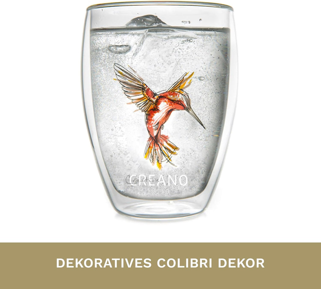 Creano doppelwandige Tee-Gläser, Cappuccino-Glas, Thermoglas Hummi im Kolibri Design, 6er Set, 250 m