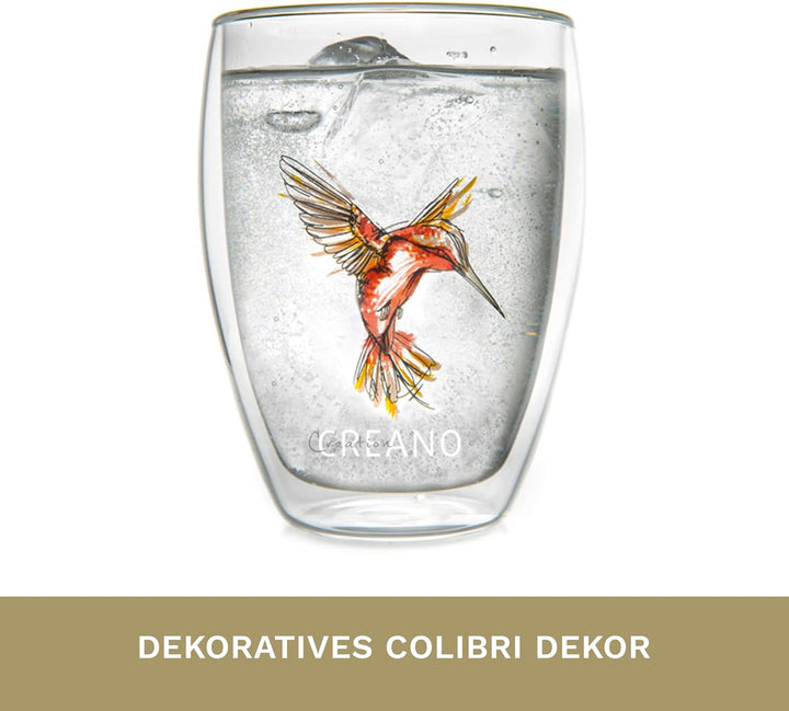 Creano doppelwandige Tee-Gläser, Cappuccino-Glas, Thermoglas Hummi im Kolibri Design, 6er Set, 250 m