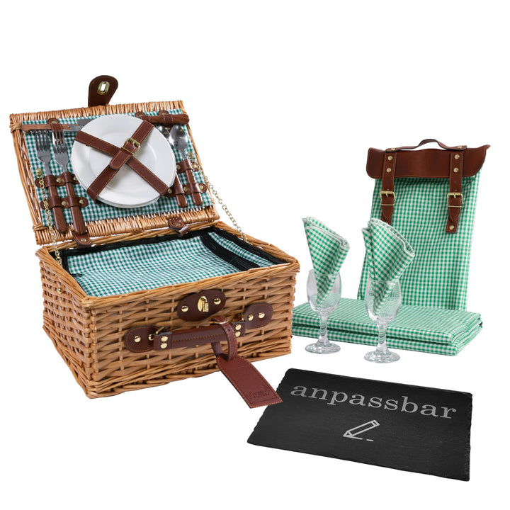 Personalisierter Picknickkorb für 2–4 Personen – Weide + Futterstoff (Rot/Blau/Grün) – Gravur auf Kö