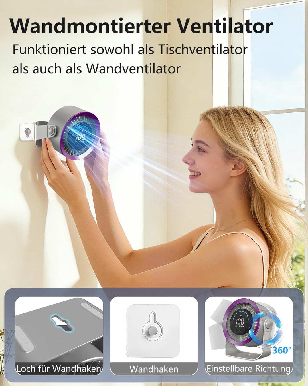 Mini Tischventilator sehr Leise, 4000mAh (14h Laufzeit) & stufenloser Geschwindigkeitsregelung(Max 1