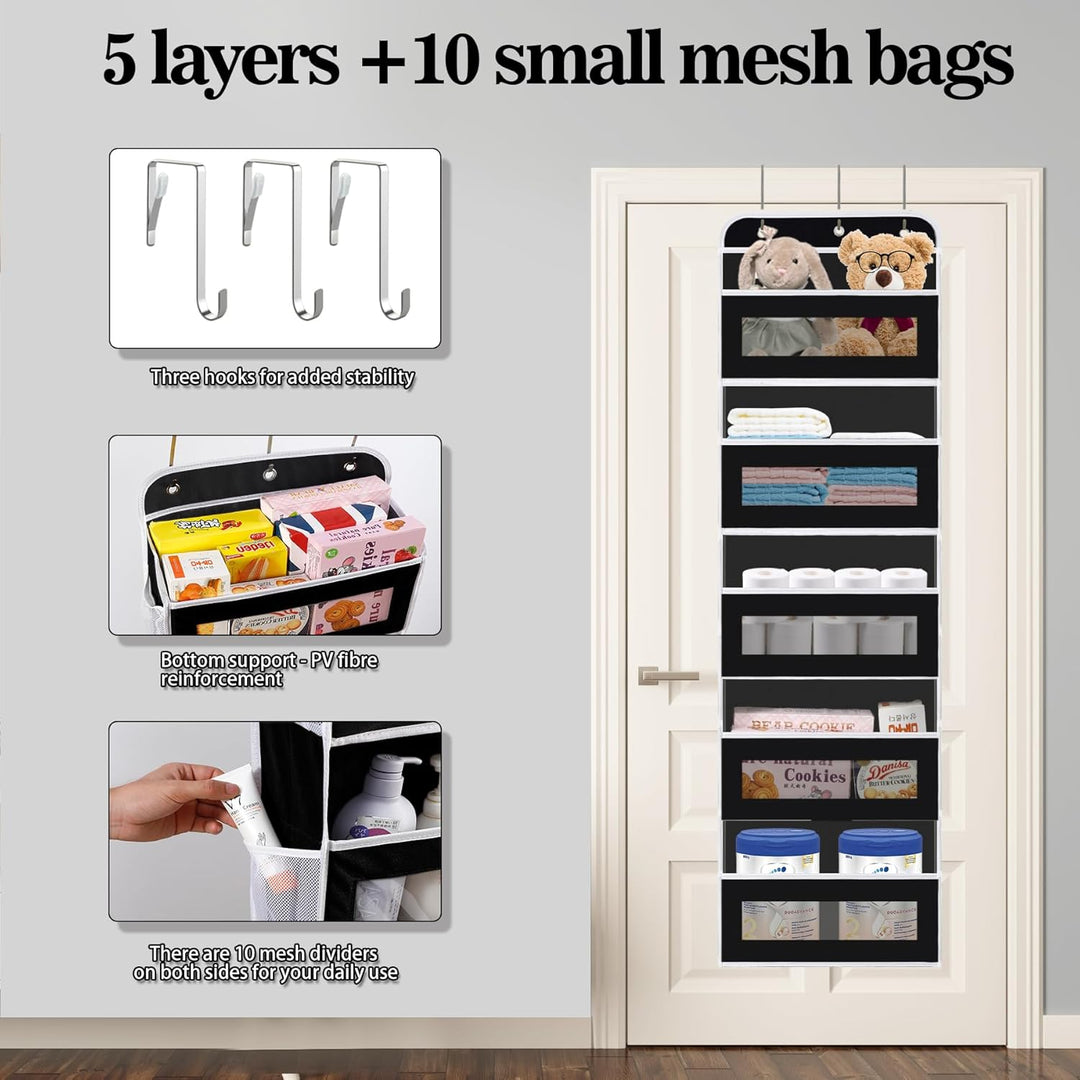 KYEVIS Over The Door Organizer Storage, 5 Shelves Door Organizer Hanging with 10 Mesh Pockets, Behin
