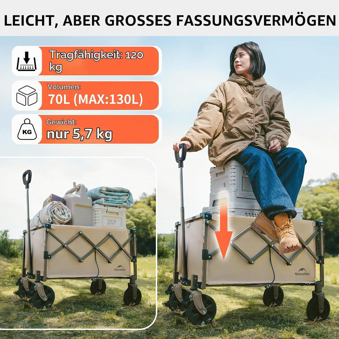 Naturehike Bollerwagen Faltbar mit Bremsen Alle Gelände 70L Klappbarer Handwagen Verstellbarem Griff