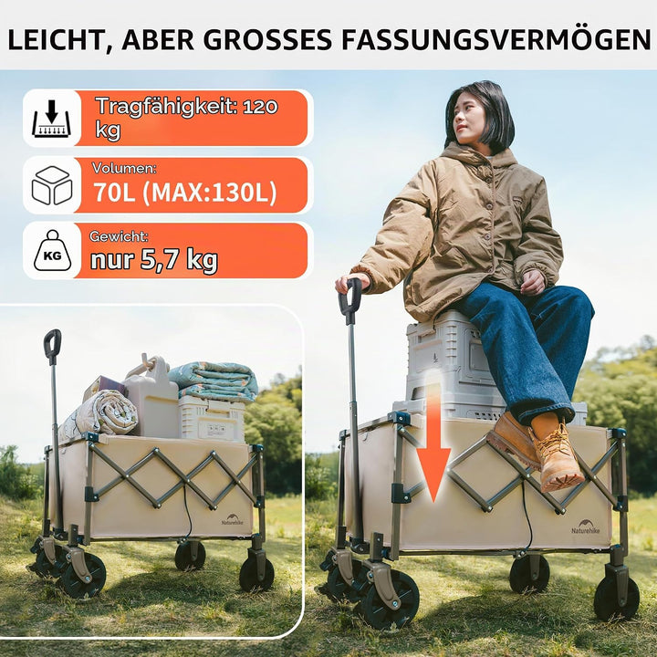 Naturehike Bollerwagen Faltbar mit Bremsen Alle Gelände 70L Klappbarer Handwagen Verstellbarem Griff