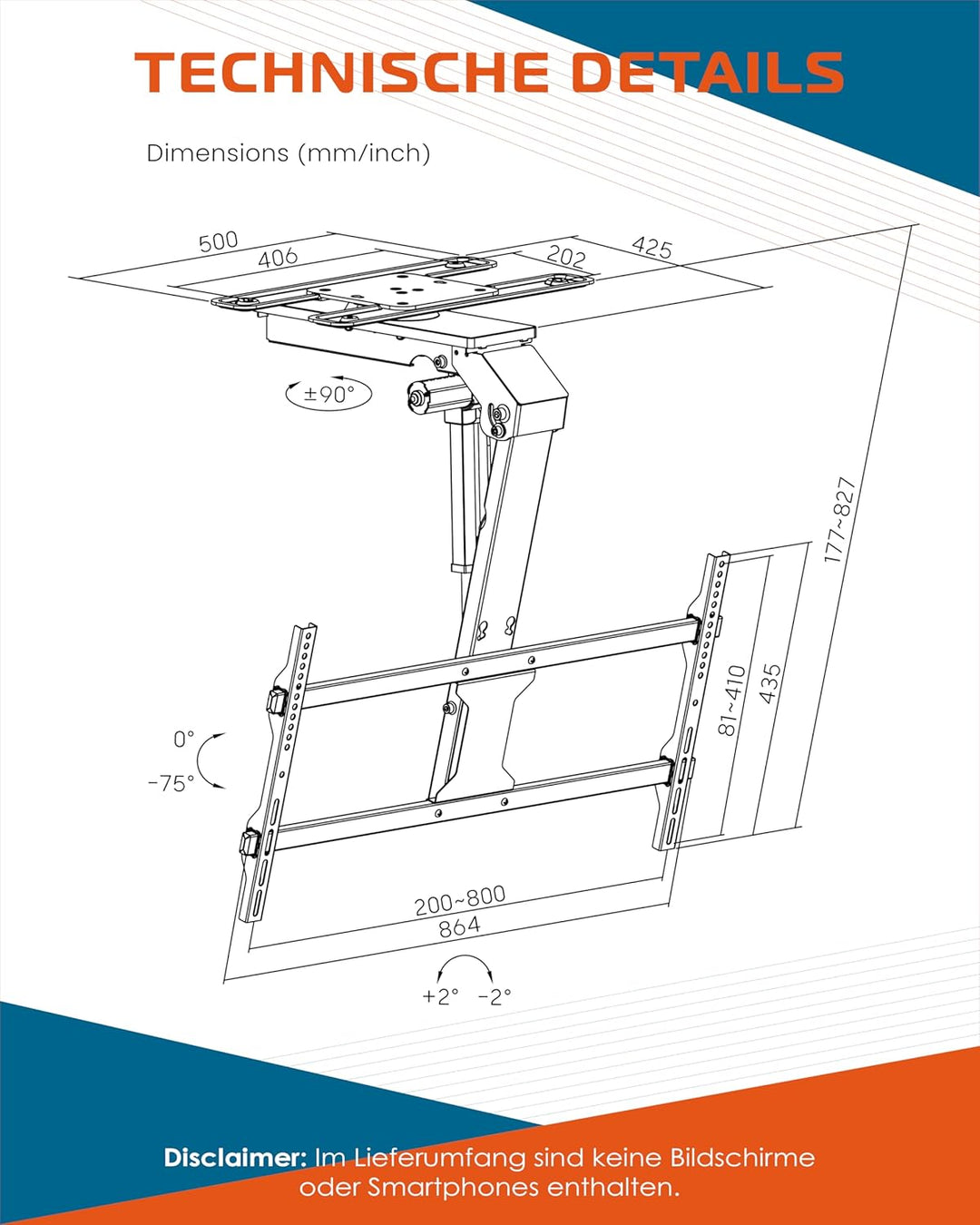 Xantron DEHA-800EXL-Roto TV Deckenhalterung elektrisch, klappbar & schwenkbar/Fernseher Deckenhalter