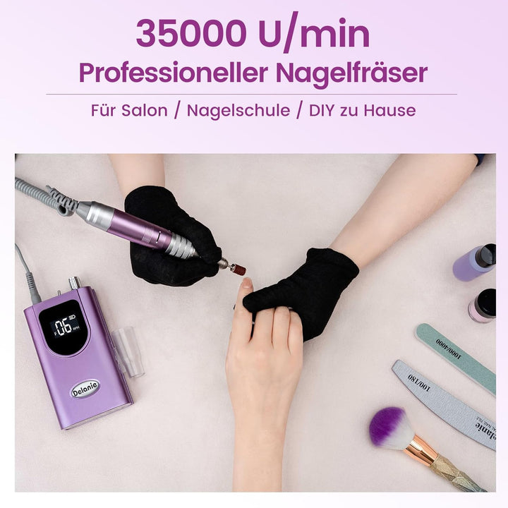 Delanie Elektrische Nagelfräser 35.000 U/min, Akku-Nagelfräser für Acrylnägel Nagellack, wiederaufla