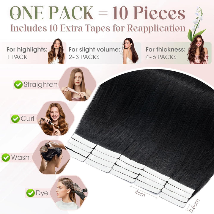 Elailite 10 Stück Tape Extensions Echthaar (15g) + 10 Pcs Invisible Klebeband Haarverlängerung Klebe