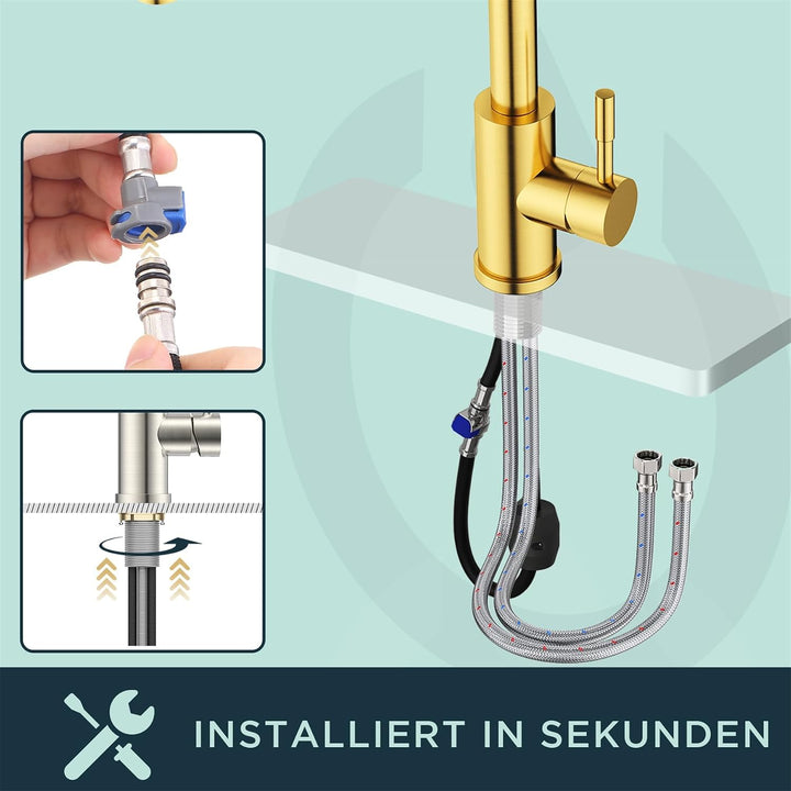 FORIOUS Wasserhahn Küche Schwarz, Hochdruck Küchenarmatur mit Brause Ausziehbar Armatur, Mischbatter