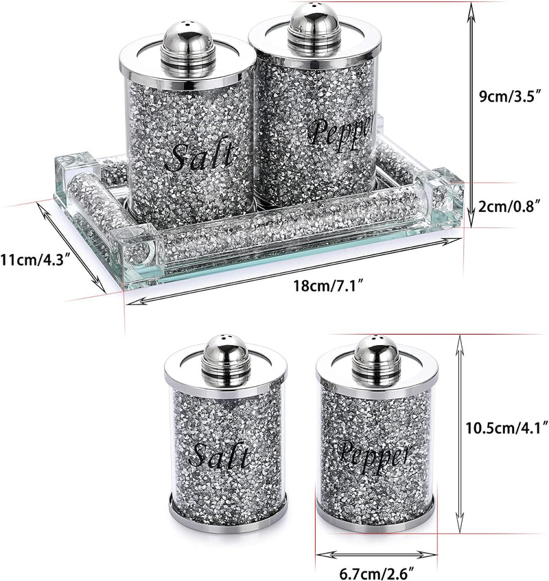 BTSKY Set mit 3 Salz- und Pfefferstreuern mit Tablett – Glaskristall zerkleinerte Diamanten Salz & P