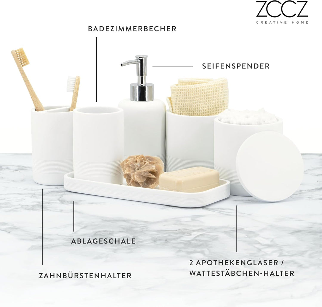 ZCCZ - Weisses Badezimmer-Zubehör-Set 6-teilig – Zahnbürstenhalter, Lotionseifenspender, 2 Qtip-Halt