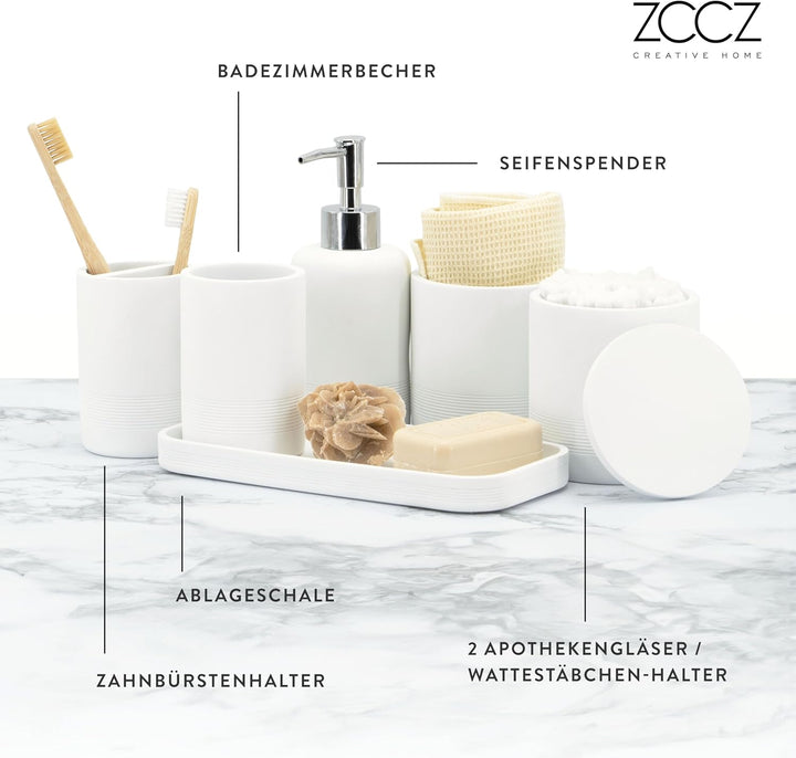 ZCCZ - Weisses Badezimmer-Zubehör-Set 6-teilig – Zahnbürstenhalter, Lotionseifenspender, 2 Qtip-Halt