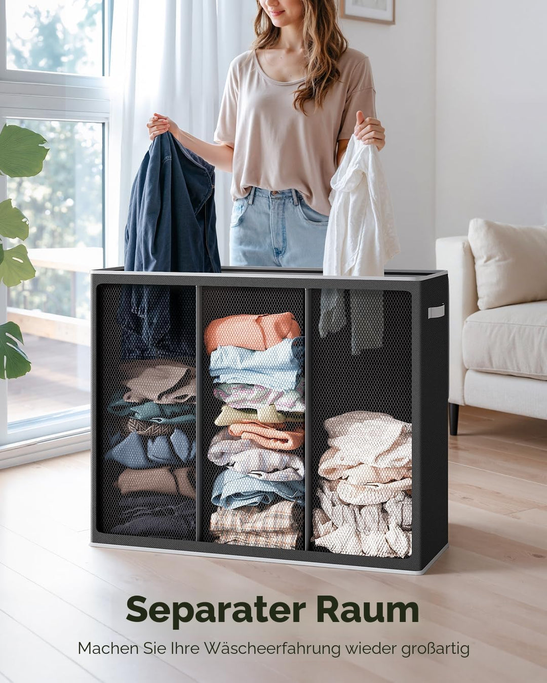 SOLEDI 180L Wäschekorb, Wäschesammler mit Deckel, 3 Fächer und 3 Wäschesack - Grosser XXXL Wäschesor