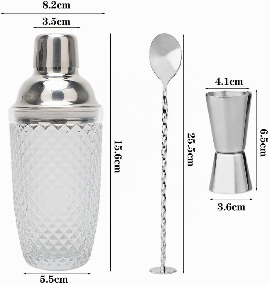 LUPATDY Glas Cocktailshaker,400ml Cocktail Shaker Set,Cocktail Shaker Glas Mixer mit Edelstahl Messb