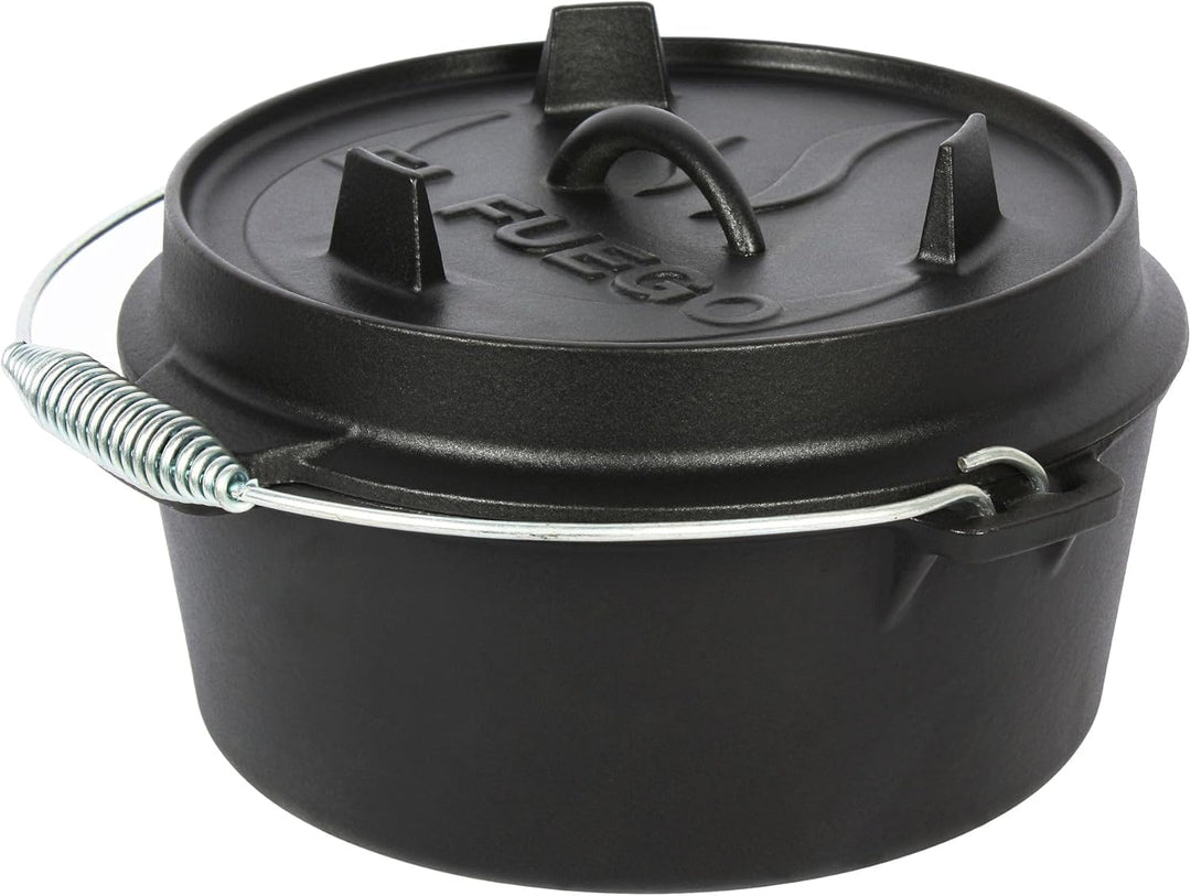 Dutch Oven 4,5 Liter von El Fuego®, 100% Gusseisen, inkl. Schürhaken und Tragebügel, Camping & Outdo
