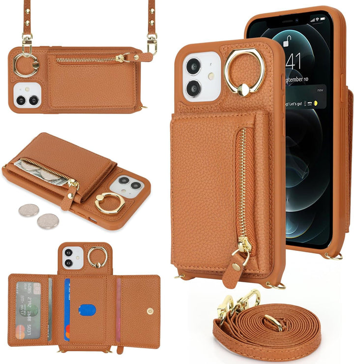 ELTEKER Handyhülle für iPhone 12 Mini Hülle mit Band Kartenfach Handykette Ringhalterung Geldbörse,L