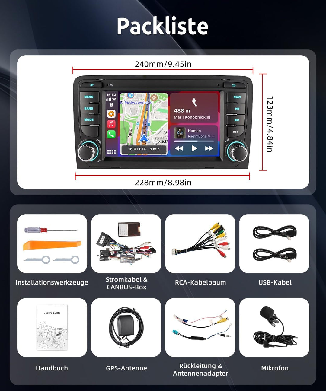 ESSGOO Autoradio für Audi A3 8P, S3 8P, RS3 8PA Black A3, Black A3