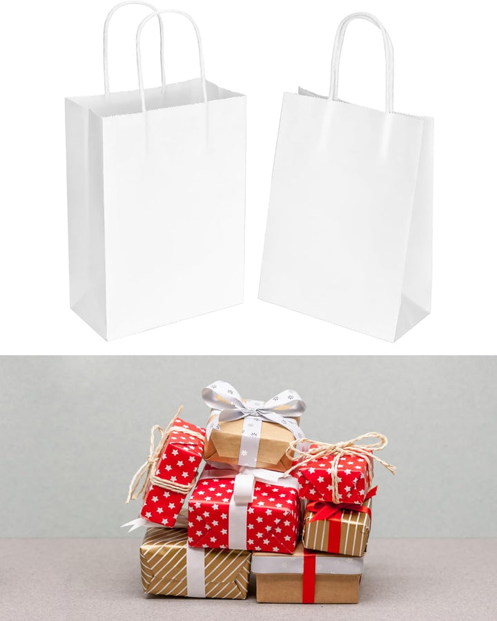 QWORK® 60 Stück Weisse Geschenktüten aus Papier mit Griffen, kraftpapier tüten, 15 x 8 x 21 cm, für