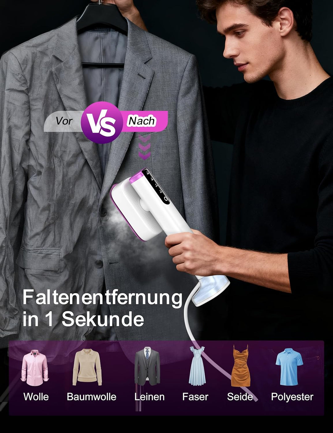 Sundu Dampfglätter, Steamer mit 2 Wassertanks (180 ml und 100 ml), 15S Schnelles Aufheizen, 24 g/min