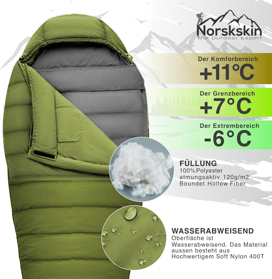 Mumienschlafsack Norskskin Ultralight 220 Grün Koppelbar Extrem - 6°C Schlafsack mit Kopfkissenfach