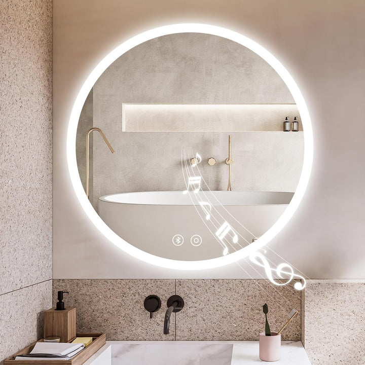 YOLEO Badzimmerspiegel mit Beleuchtung rund, Badspiegel LED mit Bluetooth-Lautsprecher, Wandspiegel