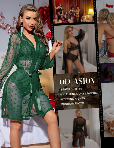RSLOVE Sexy Dessous Set für Damen 3 teilig Spitzen Kimono mit BH und Höschen S Grün, S Grün