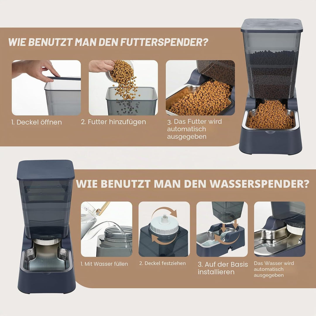 Automatischer Futterspender und Wasserspender für Hunde und Katzen, mit 304 Edelstahlnapf, geeignet