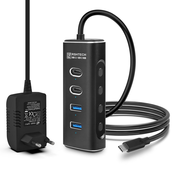 RSHTECH USB C 3.2 Hub Aktiv mit Netzteil, 4-in-1 USB C 3.1 Gen2 Hub mit 4*10Gbps USB-Datenport (2*Ty