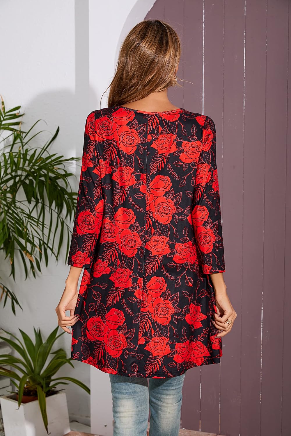 Enmain Damen Tunika Shirt Langarm/Kurzarm Bluse mit Blumen Longshirt Casual Elegante 3/4 Ärmel Rundh