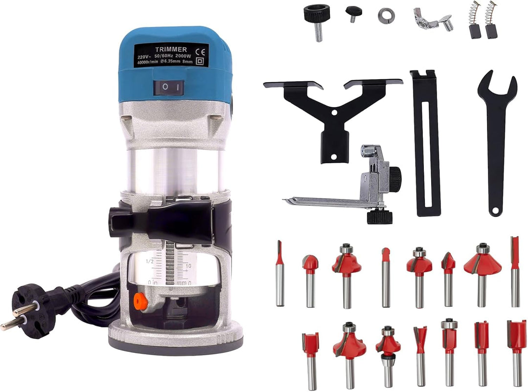 2000W Elektrischer Trimmfräser, 40.000r/min Oberfräse mit 15 Fräser-Bits Staubschutzhaube für Nuten
