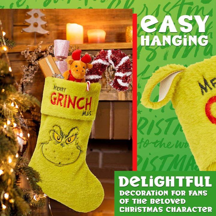 The Grinch Flauschiger Weihnachtsstrumpf, Weihnachtsdeko für Kamin oder Tannenbaum