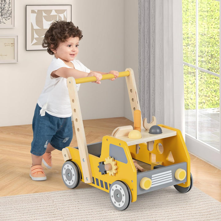 COSTWAY 2-in-1 Lauflernwagen Holz, Lauflernhilfe mit mit Multi-Aktivitätszentrum & Werkbank, Baby Wa