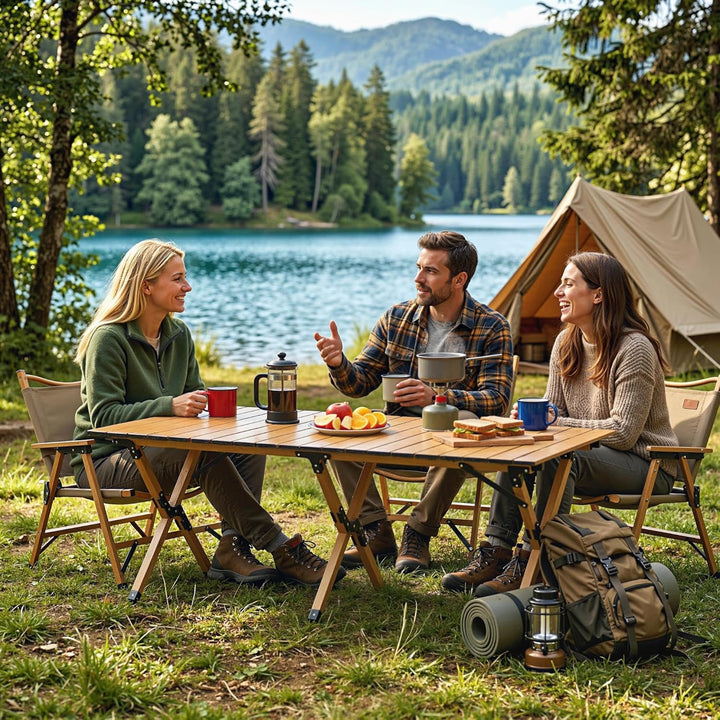 Outsunny Campingtisch 117 x 60 cm Aluminium Klapptisch mit Aufrollbare Tischplatte Holz-Optik Traget