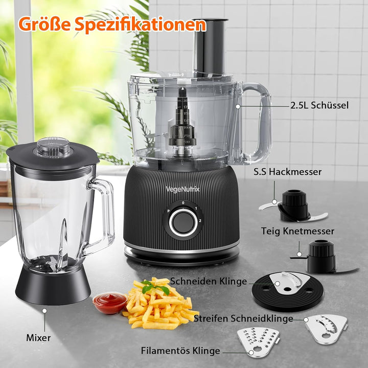 1500W Küchenmaschine und Mixer Kombination, 2,5L Zerkleinerer für Fleisch, Gemüse und Teig, 2L Stand