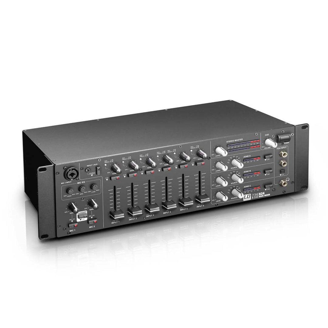 LD Systems ZONE 624-19" 4-Zonen Mixer mit 2 Mikrofonkanälen und 3HE, schwarz 4-Zonen Mixer 3HE, 4-Zo