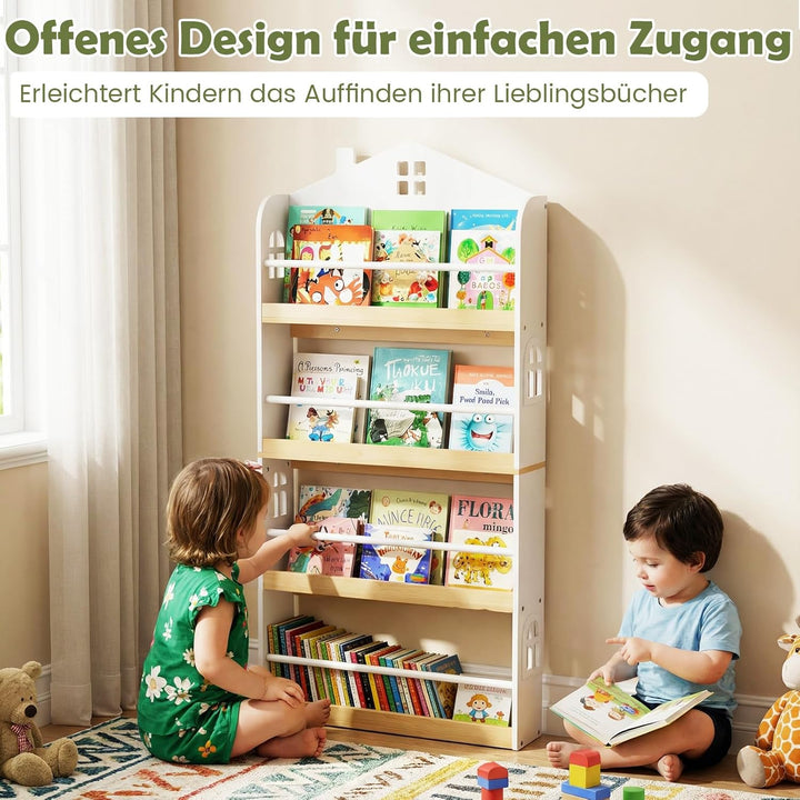 COSTWAY Bücherregal Kinder in Hausform, Kinderregal mit 4 Ablagen & Metallstangen, Wandregal schmal,