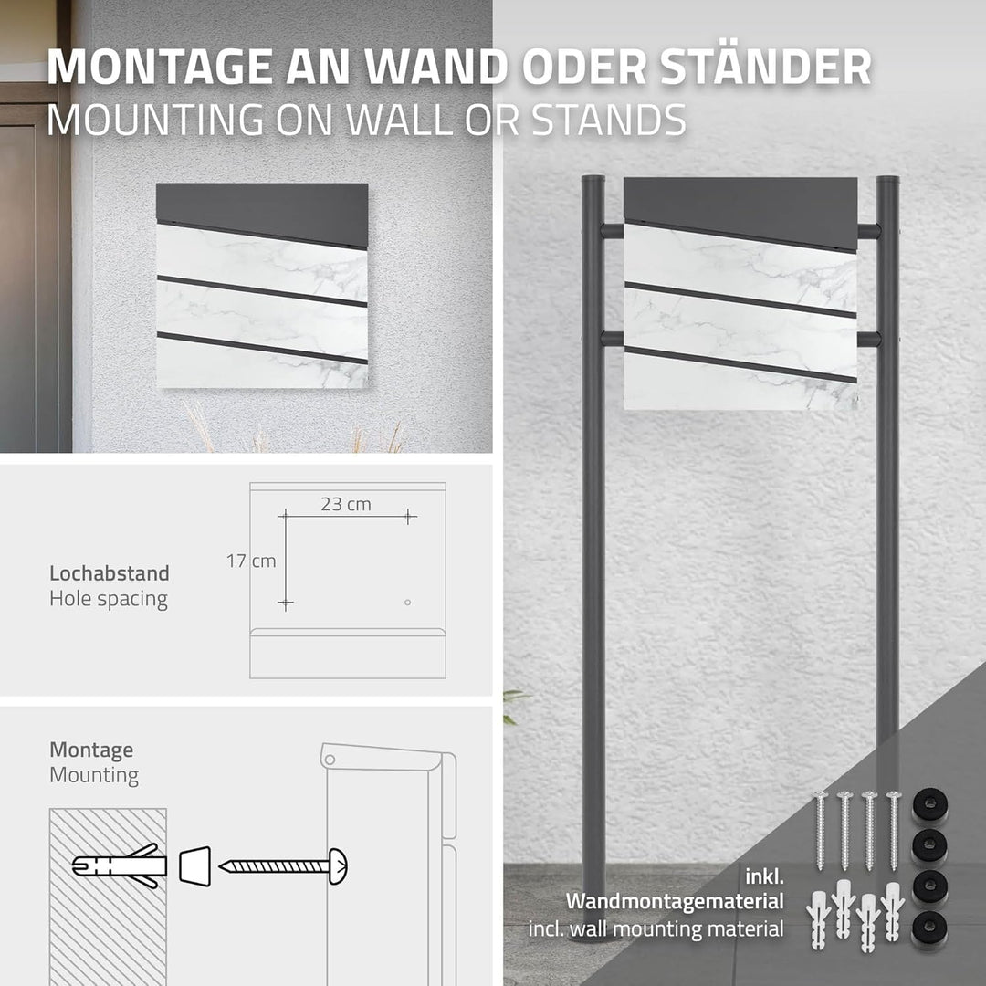 ML-Design Briefkasten 37x37x11 cm Anthrazit/Weiss-Marmoroptik, Stahl, Postkasten mit Zeitungsfach, A