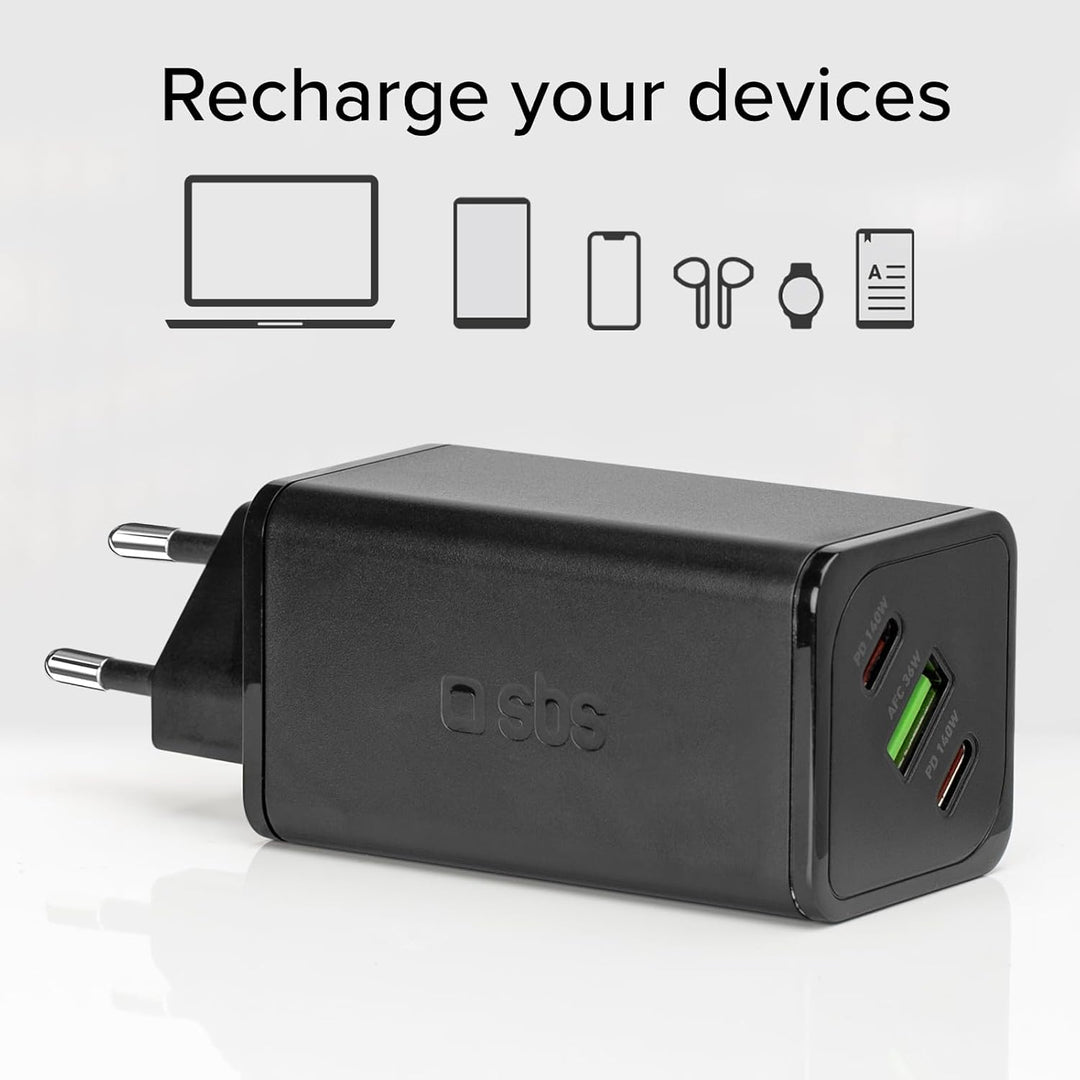 SBS Mehrport-Ladegerät 140W, 2 USB-C-Anschlüsse, 1 USB-A-Anschluss, GaN, Power Delivery, kompakt, id