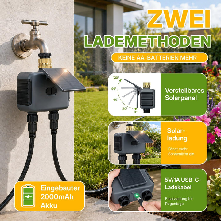 Mcbazel Solares Bewässerungscomputer mit 2 Ausgängen, WLAN-Bewässerungsuhr mit Solar &amp; USB-C-Aufladu
