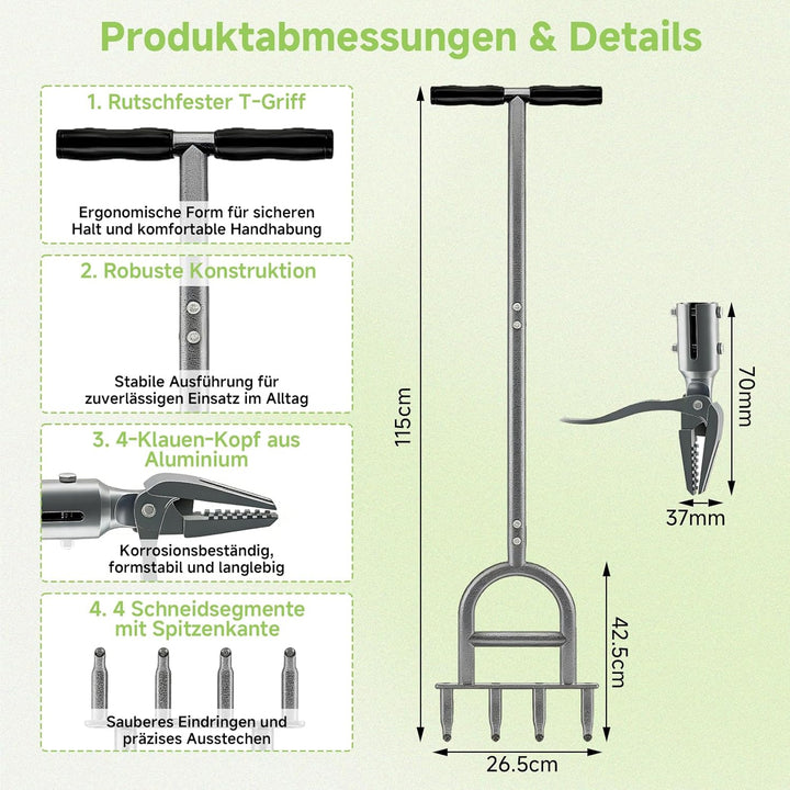 2 in 1 Rasenlüfter mit Unkrautstecher, 4-Loch-Kern Aerifizierer für Rasen, Rutschfester T-Griff, Ras