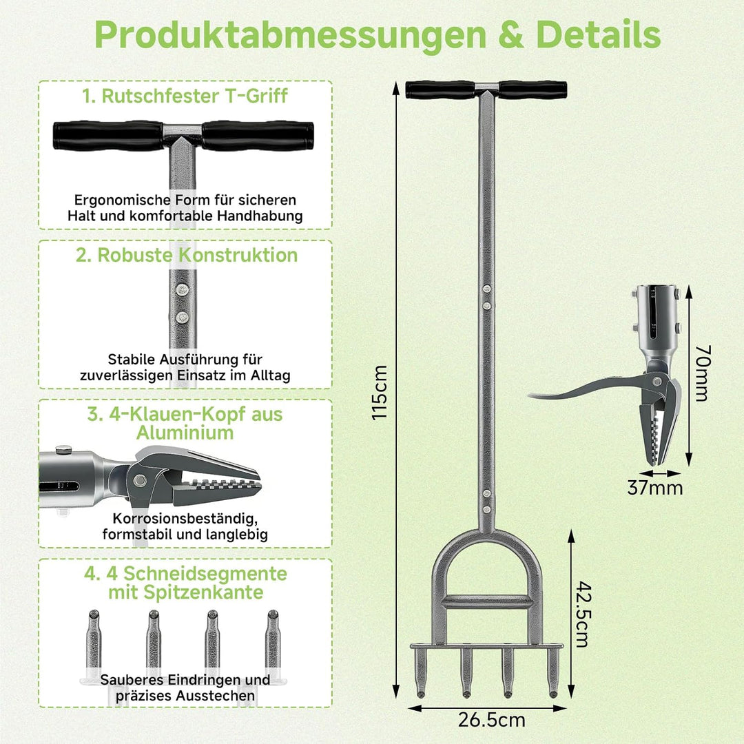 Rasenlüfter Manuell, Aerifizierer Rasenbelüfter für Rasen mit 4 Hohlspoo, Edelstahl T-Griff, Aerifiz