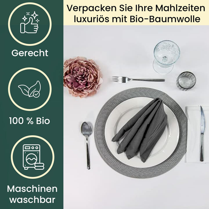 12er Set Stoffservietten Dunkelgrau – 100% Bio-Baumwolle GOTS – Waschbare Servietten Stoff 45x45 cm