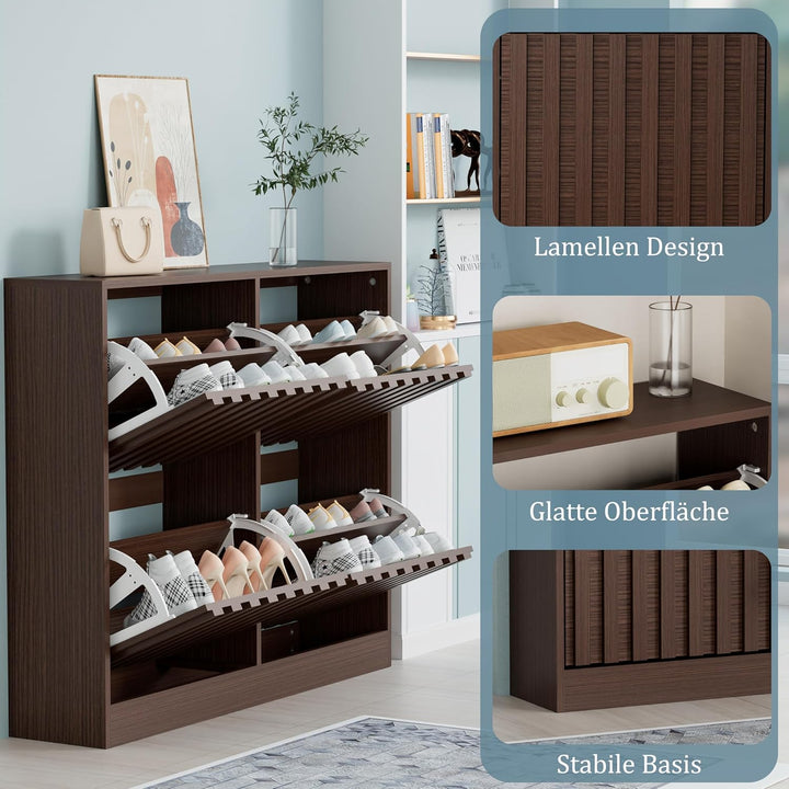 UEV Schuhschrank mit 4 Klappen Holz Schmal Schuhkipper Schuhkommode mit Kippschutz, Schuhaufbewahrun