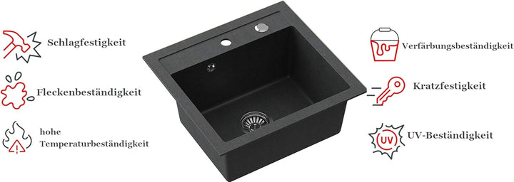VBChome Spülbecken + Armatur 50 x 47 cm Schwarz Spüle Einzelbecken Küche Einbauspüle Verbundspüle Kü
