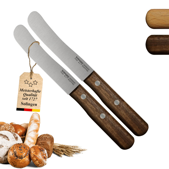 Solingen Messer Walnuss Buckelmesser 2er Set, stabile Hohl Stiftnieten, Frühstücksmesser, Brötchenme